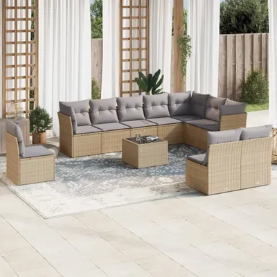 Produktbild von Design 11-tlg. Garten-Sofagarnitur mit Kissen Beige Poly Rattan, Gartenmöbel-Sets 2024