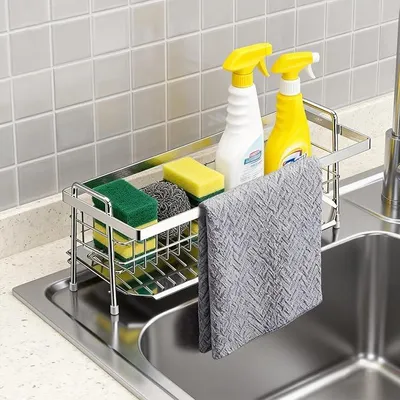 Produktbild von PolkaHome® Spülbecken-Organizer aus Edelstahl – Spülorganizer mit Schwammhalter, Abtropfgestell für Küche und Bad, Silber