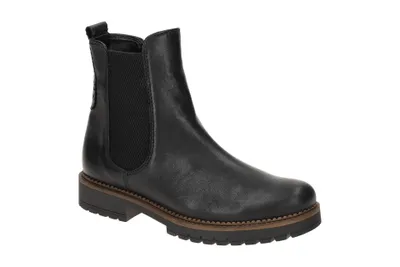 A black leather Chelsea boot is shown against a white background.