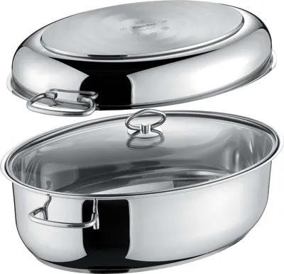 Produktbild von Ovaler Edelstahlbräter, 3in1 inkl. Glasdeckel 38 x 25,5 cm, Edelstahl, poliert - Bräter