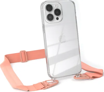 Produktbild von EAZY CASE - Hülle mit Band für Apple iPhone 14 Pro Max, Handyhülle mit Umhängeband, Silikonhülle transparent, Handykette in Orange