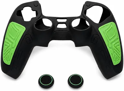 Immagine prodotto di Custodia protettiva - Adatta per PlayStation 5 - Custodia in silicone - Controller - Custodia con zone antiscivolo e 2 coperture per i joystick - Tappi - Nero - Verde