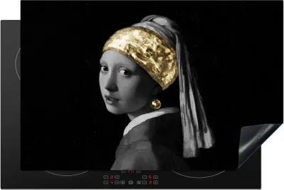 Produktbild von KitchenYeah© Herdabdeckplatte Mädchen mit einem Perlenohrring - Vermeer - Gold , 81x52cm, Küche Deko, Glaskeramikkochfeld Herdabdeckung, Abdeckplatte fùr Kochfeld
