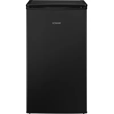 A black Bomann mini-fridge is shown against a white background.