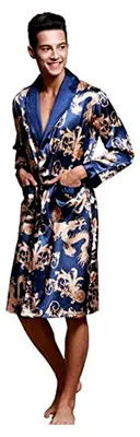 Produktbild von Herren Satin Kimono Bademantel mit langen Ärmeln und Drachenmotiv