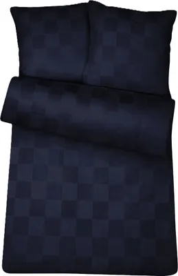 A neatly folded duvet cover and two pillowcases with a subtle checkered pattern, laid out on a white background.