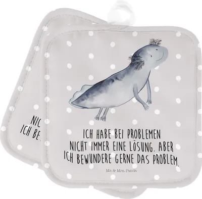 Produktbild von Mr. & Mrs. Panda 2er Set Topflappen Axolotl Schwimmen - Grau Pastell - Geschenk, Lurch, Topflappen 2er Set, Molch, Lösungen, Motivation, froh, Schöne Topflappen, Lurche