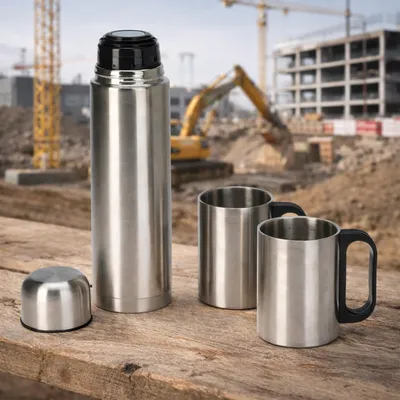 Produktbild von 3‑tlg. Edelstahl Thermoskanne Isolierkanne 1L + 2 Isolier‑Kaffeebecher