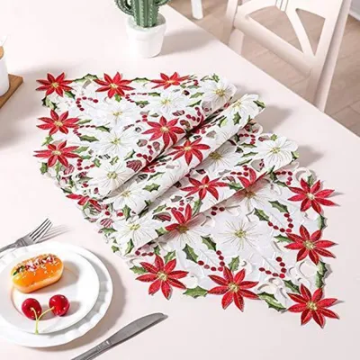 Produktbild von Tischläufer Weihnachten 176 x 38 cm Baumwolle Leinenoptik Weihnachtsstern Stechpalme Stickerei