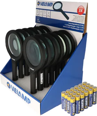 Produktbild von Thekendisplay bestehend aus 12 Lupen mit LED-Beleuchtung und 3fach Vergrößerung mit 12 LEDs, IN287, ideal geeignet zum Lesen von Zeitungen, Zeitschriften, Bücher, Karten etc. inklusive Batterien