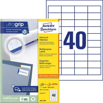 Produktbild von Universal-Etiketten ultragrip 48,5x25,4 mm VE=5x4.000 Etiketten / 100 Bogen weiß