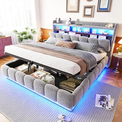 Produktbild von MODFU Doppelbett 180x200 Polsterbett mit Bettkasten,Hydraulisches Stauraumbett Funktionsbett mit Metall-Lattenrost,LED und USB-Anschluss,ohne Matratze,Grau