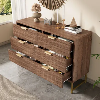 Produktbild von Kommode, Sideboard mit Metallgriffen, Kommode mit 6 Schubladen, kippsicher, 120 x 40 x 75 cm