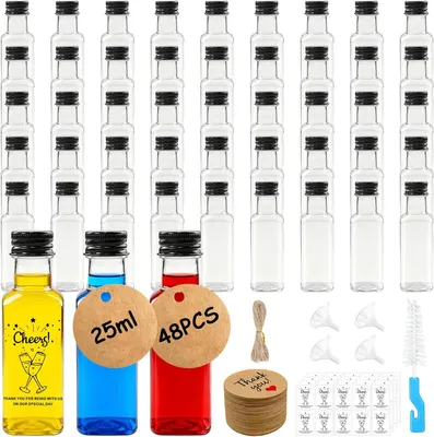 Produktbild von Mini Schnapsflaschen 25 ml, 48 Stücke, Kunststoff, mit Trichter und Etiketten für Partys