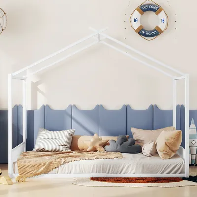 Obrázek produktu pro okwish dětská postel 140x200 cm s lamelovým roštem, kovová postel pro mládež, postel na zemi (bez matrace) - bílá