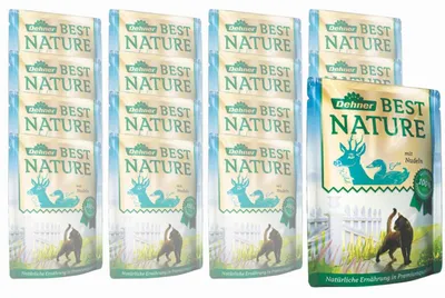 Produktbild von Dehner Best Nature Katzenfutter, Nassfutter, für ausgewachsene Katzen, Wild / Ente / Nudeln, 16 x 85 g Beutel (1.36 kg)