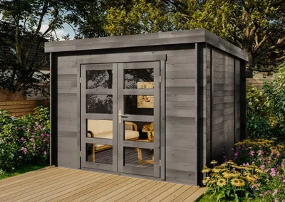 Produktbild von Alpholz Gartenhaus Paloma Sol aus Holz 298x298cmin Anthrazitgrau mit 28 mm Wandstärke inkl. Fußboden