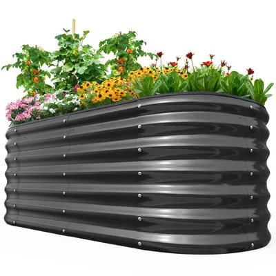 Produktbild von Quictent Hochbeet 180x90x45cm Oval, Pflanzkasten aus Metall, Gemüsebeet für Garten, steckbar & stapelbar Pflanzenbeet für Aussenbereich, Grau
