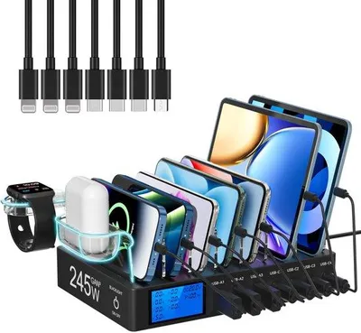 Productafbeelding van Oplaadstation voor meerdere apparaten, 245 W 7-poorts mobiele telefoon laadstation met lcd-display, 100 W PD USB C snellader, voor iPad, iPhone, Android, tablet en andere elektronische