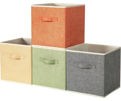 Obrázok produktu pre Sada 4 úložných boxov z látky, 27x27x28 cm, skladacie, s rúčkami, systém na usporiadanie, kôš, 4 farby