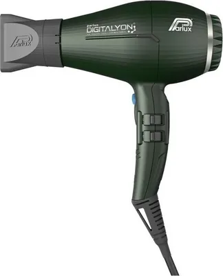 A professional studio shot of a dark green Parlux hairdryer against a white background.
