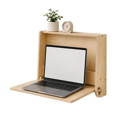 Image de leg&go Bureau mural rabattable en bois, Secrétaire mural avec rangement, Bureau gain de place pour télétravail, 52x42x10 cm, Naturel