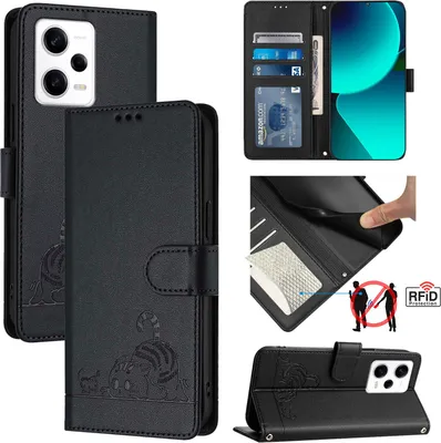 Obrázek produktu pro Kožené pouzdro pro Xiaomi Poco X5 Pro/Redmi Note 12 Pro 5G, sladká kočka Flip pouzdro s funkcí stojánku a peněženkou černé