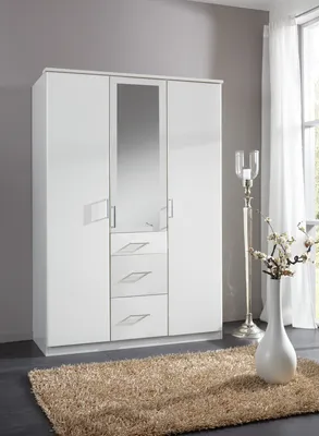 Produktbild von Kleiderschrank "Click" aus Spanplatte in Weiß mit 3 Schubladen und 3 Türen. Abmessungen (B/H/T) 135x198x58 cm