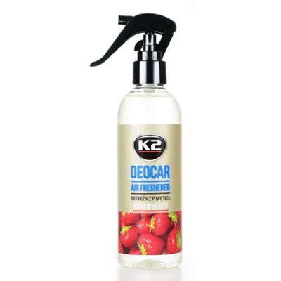 A bottle of K2 Deocar air freshener with a strawberry scent.