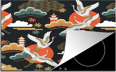 Produktbild von KitchenYeah© Herdabdeckplatte Kranich - Wolken - Japan - Muster , 91x52cm, Küche Deko, Glaskeramikkochfeld Herdabdeckung, Abdeckplatte fùr Kochfeld