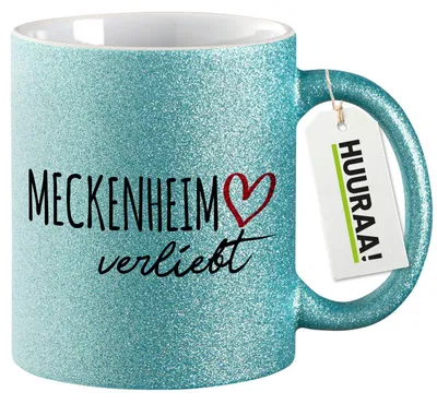 Produktbild von Huuraa Glitzertasse Meckenheim verliebt 330ml Blau Keramik Kaffeebecher Geschenkidee