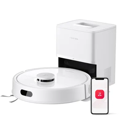 A white robot vacuum cleaner and its charging dock are displayed on a white background, with a smartphone showing an app interface in the foreground.