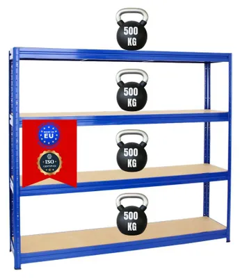 Produktbild von Schwerlastregal DINO | HxBxT 180x200x45cm | 4 MDF-Platten-Ebenen 6,5 mm | Fachlast 500kg | Blau