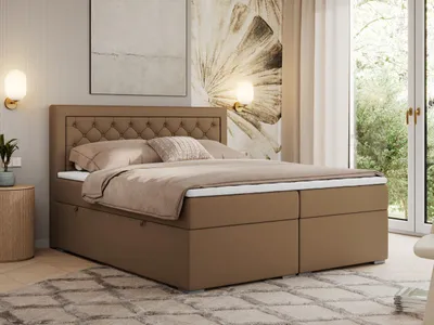 Produktbild von MKS MEBLE Boxspringbett 140x200 mit Bettkasten, Polsterbett 140x200 mit Matratze H3 Topper, Boxspringbett 140x200, Polsterbett 140x200, Bett 140x200 mit Kopfteil - Braun Kunstleder - H3 - JASIR