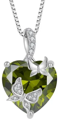 Immagine prodotto di Collana da donna in argento sterling 925, con ciondolo a forma di farfalla e cuore, con pietra portafortuna perilite (agosto), lunghezza 45+3 cm