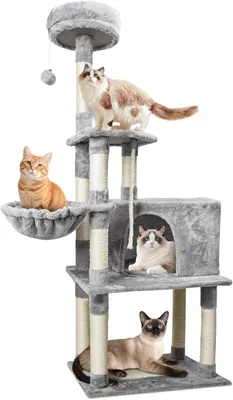 Imagen del producto de Árbol para gatos grande, de 168 cm de altura, con 9 postes rascadores, 4 plataformas, 1 cueva, 1 hamaca, cuerda de sisal y tela suave. Casa para gatos de varios niveles, color gris