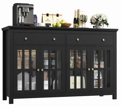 Image de Buffet 140 x 40 x 91 cm - Meuble de cuisine - 4 portes vitrées - 2 tiroirs - Étagères réglables - Bois - Design moderne - Noir