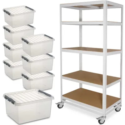 Produktbild von Etagenwagen/Fahrregal mit 5 Böden BxTxH 900 x 500 x 1905 mm, lichtgrau, Tragkraft 200 kg + 8 Clickboxen mit Deckel, transparent, 36 Liter