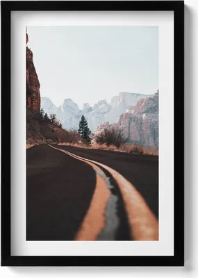 Produktbild von Straße zwischen Bergen– Wandbild mit Rahmen – Gerahmtes Bild  – Wanddekoration – 40x60 cm –  Schwarz