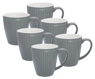A set of six grey mugs arranged in a staggered formation against a white background.