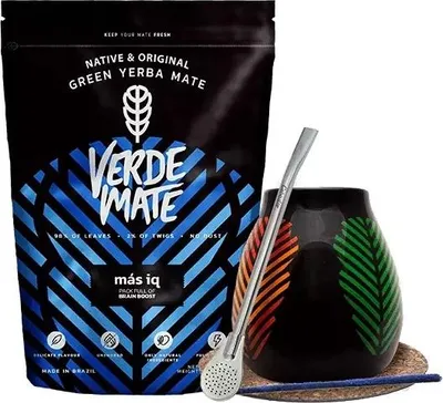 Obrázek produktu pro Verde Mate – Sada na čaj mate Más IQ 500 g – listy o tloušťce 5 mm, bez prachu – s keramickým hrnkem Samba 350 ml, bombillou Mercedes – ženšen, guarana