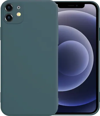 A dark green iPhone 12 case is shown diagonally, with the phone screen visible on the right.