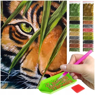 Produktbild von ARTULIO - Diamond Painting Set - Tiger zwischen Blättern - 40 × 30 cm - 5D Diamant Painting, Komplettset Mosaik + Zubehör
