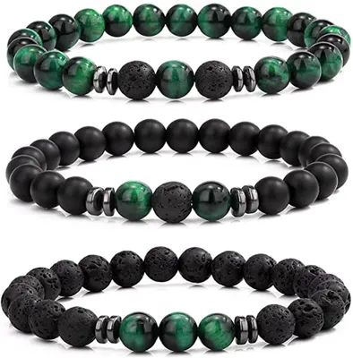 Produktbild von Perlenarmband Set von 3, 8 mm Tigerauge und Lavastein Perlen, Stretch Armband, für Herren und Damen