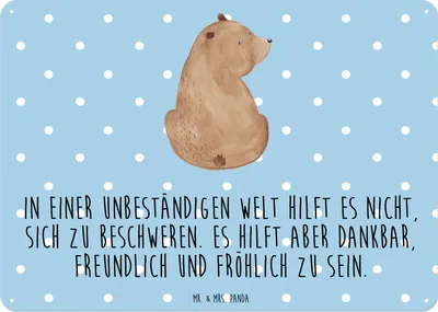 Produktbild von Mr. & Mrs. Panda Schild Bär Schulterblick DIN A6 - Blau Pastell - Geschenk, Magnetschild, Weltansicht, Teddy, Wandbild, tafel, Selbstachtung, Blechtafel, Weisheit, Bären