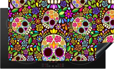 Produktbild von KitchenYeah© Herdabdeckplatte Blumen - Totenkopf - Muster , 90x52cm, Küche Deko, Glaskeramikkochfeld Herdabdeckung, Abdeckplatte fùr Kochfeld