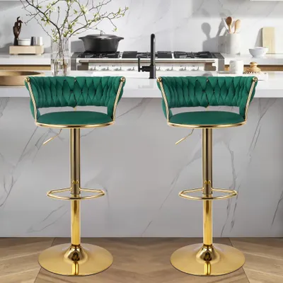 Produktbild von Hawthyhome Barhocker mit goldener Metallbasis(2er Set) Barstuhl mit Rückenlehne und Fußstütze höhenverstellbar drehbar Grün