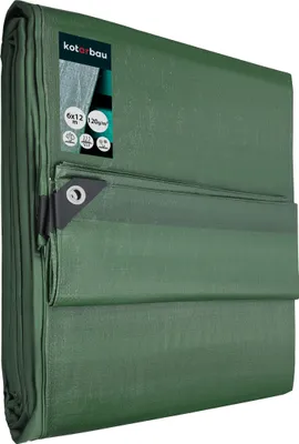 A folded green tarp is shown from a diagonal angle.