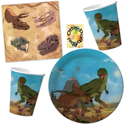 Produktbild von Dinosaurier Party-Set 36tlg. für 8 Gäste : Teller Becher Servietten