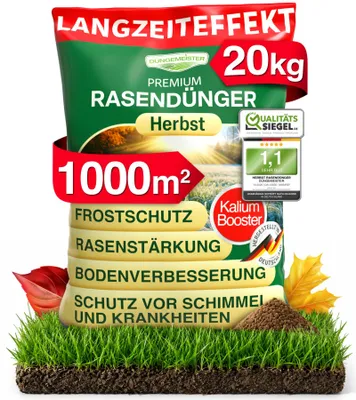 Produktbild von DÜNGEMEISTER Herbst Rasendünger – mit Langzeitwirkung und KaliumschutzPlus Formel für extrem winterfesten, sattgrünen Rasen! Perfekte Widerstandsfähigkeit gegen Frost & Krankheiten (20kg)
